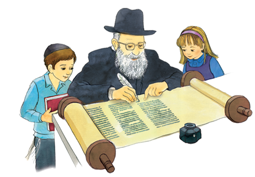 A scribe writing a Torah scroll with Jewish children